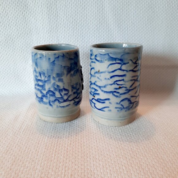 Set of 2 Small Hand Thrown Pottery Cups or Vases, Blue with Dahlia Design - Picture 2 of 5